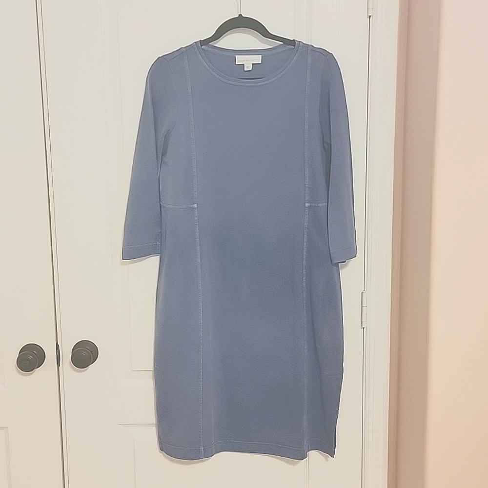 PureJill sheath dress, 3/4 sleeve, denim color knit, sz M, fits loose